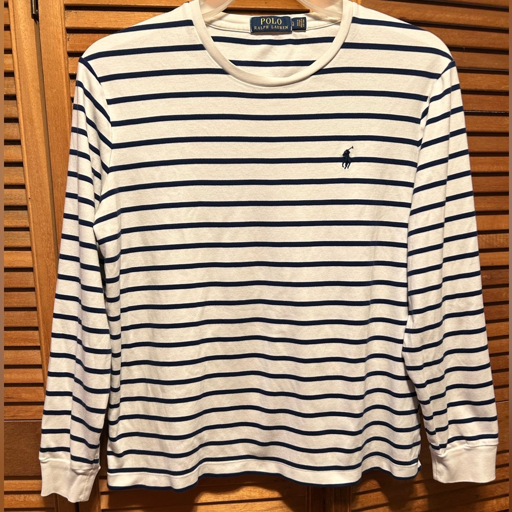 Polo Ralph Lauren White with Navy Blue Striped Long Sleeve Top
